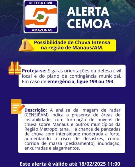 Defesa Civil emite alerta de chuvas fortes e risco de deslizamentos em Manaus - WhatsApp Image 2025 02 18 at 10.54.42