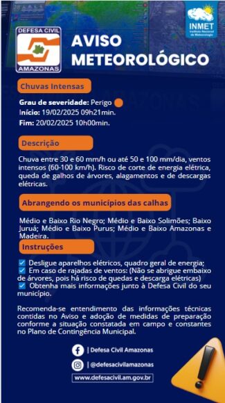 Defesa Civil alerta para chuvas intensas até quinta-feira no AM - WhatsApp Image 2025 02 19 at 10.42.20