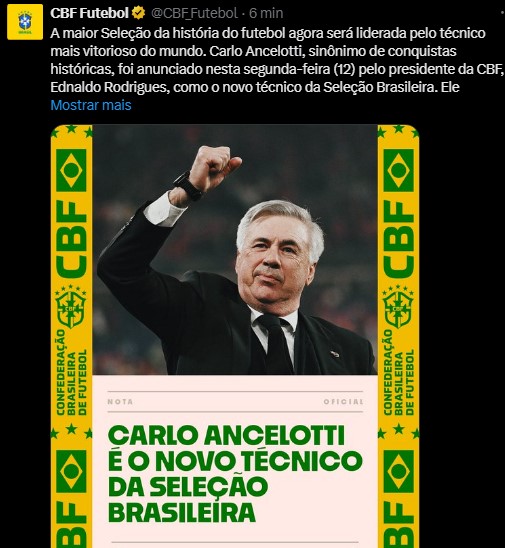 CBF anuncia Carlo Ancelotti como novo técnico da Seleção - Captura de tela 2025 05 12 102053