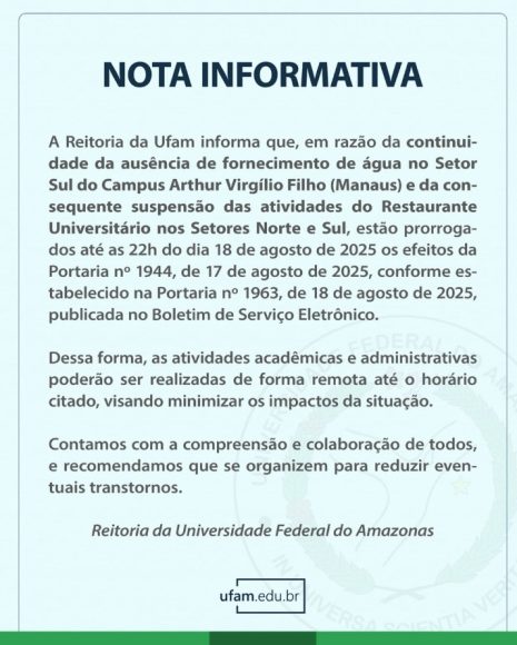 Falta de água suspende aulas presenciais na Ufam nesta segunda-feira (18) - WhatsApp Image 2025 08 18 at 14.08.07 Falta de água suspende aulas presenciais na Ufam nesta segunda-feira (18) - WhatsApp Image 2025 08 18 at 14.08.07