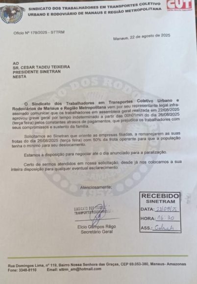 Rodoviários anunciam greve de ônibus em Manaus a partir desta terça-feira (26) - greve aprovada 702x1024 1 e1756127665963 Rodoviários anunciam greve de ônibus em Manaus a partir desta terça-feira (26) - greve aprovada 702x1024 1 e1756127665963