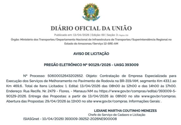 Publicação de avisos de editais marca nova etapa para obras de manutenção na BR-319 - 2 1024x710 1 Publicação de avisos de editais marca nova etapa para obras de manutenção na BR-319 - 2 1024x710 1
